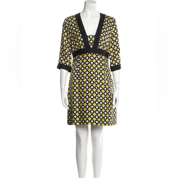 Vintage MILLY of New York Yellow/Green & Black Geometric Silk Mini Dress Size 2 - Picture 6 of 6